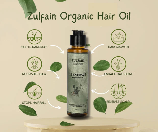 Zulfain 12 Extract Organic Hair Oil – Enriched with Vitamin E, Castor & Rosemary Oil