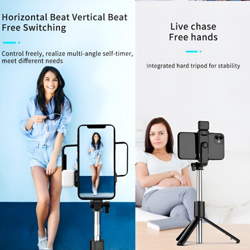 R1S 4-in-1 Wireless Bluetooth Selfie Stick Tripod with LED Fill Light and Detachable Remote, Extendable to 70cm for All Phones, Portable Stand for Live Streaming, Vlogging, and Travel