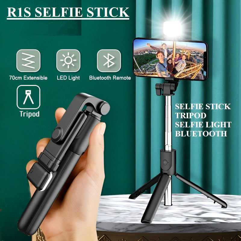 R1S 4-in-1 Wireless Bluetooth Selfie Stick Tripod with LED Fill Light and Detachable Remote, Extendable to 70cm for All Phones, Portable Stand for Live Streaming, Vlogging, and Travel