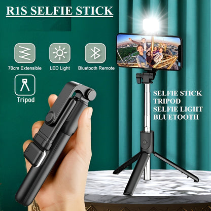 R1S 4-in-1 Wireless Bluetooth Selfie Stick Tripod with LED Fill Light and Detachable Remote, Extendable to 70cm for All Phones, Portable Stand for Live Streaming, Vlogging, and Travel