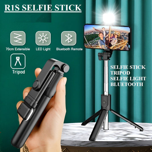 R1S 4-in-1 Wireless Bluetooth Selfie Stick Tripod with LED Fill Light and Detachable Remote, Extendable to 70cm for All Phones, Portable Stand for Live Streaming, Vlogging, and Travel