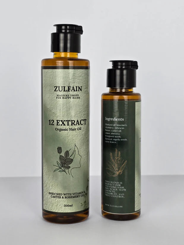 Zulfain 12 Extract Organic Hair Oil – Enriched with Vitamin E, Castor & Rosemary Oil