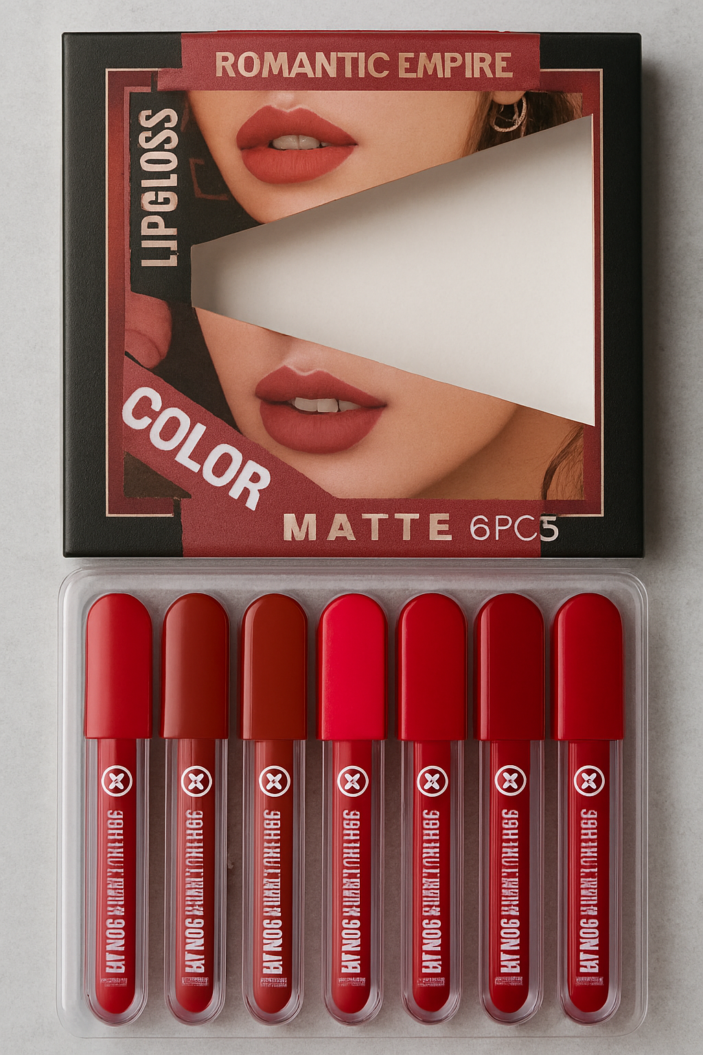 Romantic Empire Matte Lipgloss Set of 6 – High Pigment, Long-Lasting Liquid Lip Gloss | Shades of Red Collection