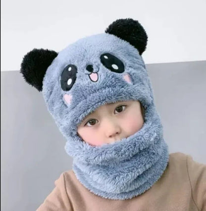 Girls Boys Winter Hat scarf One Piece Cute Warm Ear and neck Protection Winter Warm Fleece Cute Cartoon Panda Hats Windproof