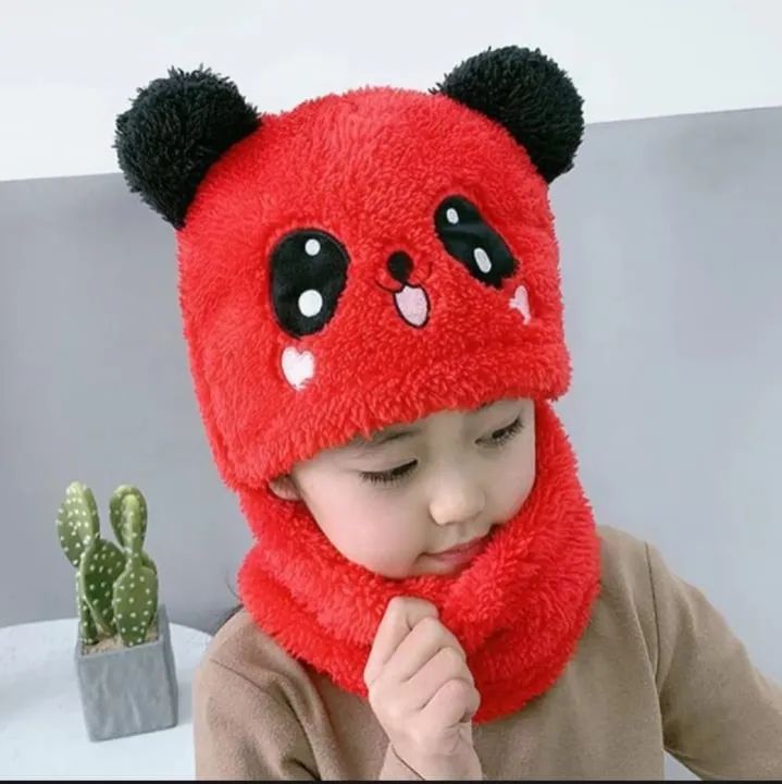 Girls Boys Winter Hat scarf One Piece Cute Warm Ear and neck Protection Winter Warm Fleece Cute Cartoon Panda Hats Windproof